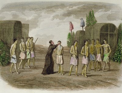 An Indigenous Slave of the Tupinamba Tribe is Baptized by a Jesuit Priest, Near Bahia in 1550 by Spanish School