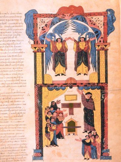 Angels and David with the Ark of the Covenant standing before the Temple of Solomon, from the Visigothic-Mozarabic Bible of St. Isidores, A.D. 960 by Spanish School