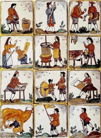 Artisanal Trades: Shoemaker, Cooper, Wicker Basket Manufacturer, Winemaker, Drawing Lesson, Musician, Cow Milking, Sharpener, Farmer, Cabinetmaker by Spanish School