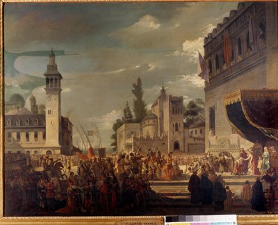 Christopher Columbus presents indigenous people at Ferdinand II and Isabella I of Castile in Barcelona. Painting by Garcia Ibanez by Spanish School