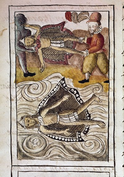 Codex of the Conquest of Mexico: The Bodies of Itzquauhtzin and Montezuma are Thrown Out of the Palace by the Spaniards by Spanish School