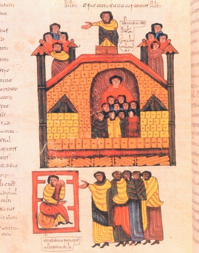 Conquest of Jerusalem by Nebuchadnezzar and the prophet Jeremiah receiving the dignitaries of the city, from the Visigothic-Mozarabic Bible of St. Isidores, A.D. 960 by Spanish School