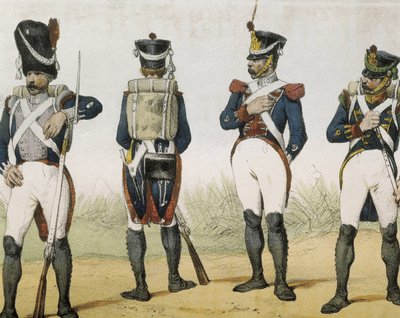 DE SOTTO, Serafin Maria, Earl of Clonard (1793 - 1862). Historia organica de las armas de Infanteria y Caballeria espanolas. 1851 - 1859. Infantrymen during the reign of Ferdinand VII of Spain. Grenadier, rifleman, sergeant and chasseur (1815-1820). Engrav by Spanish School