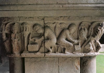 Detail of a Capital Depicting Stonemasons at Work by Spanish School