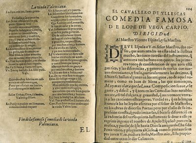 Spanish musician and classic poet Vicente Espinel; Felix Lope de Vega, “El cavallero de Yllescas”, comedy included in “Parte catorze de las comedias de Lope de Vega”, compilation published in Madrid by the widow of Fernan by Spanish School