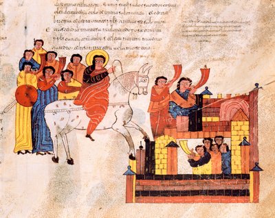 Entry of King David into Jerusalem to the sound of trumpets, from the Visigothic-Mozarabic Bible of St. Isidores, A.D. 960 by Spanish School