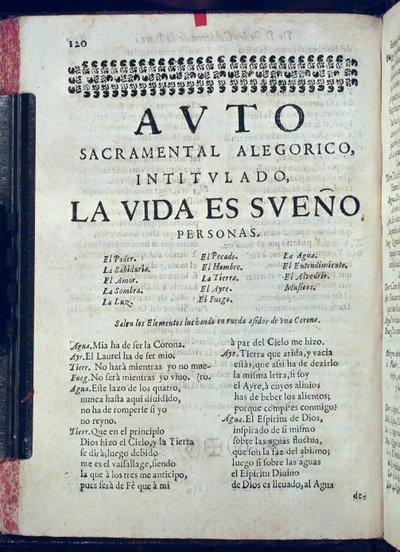 First page of La Vida es Sueno from Los Autos Sacramentales by Pedro Calderon de la Barca, 1690 by Spanish School