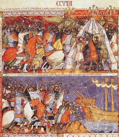 The Trojans Invading the Greek Camp and Setting Fire to the Greek Ships, from the Codex Benito de Santa Mora by Spanish School