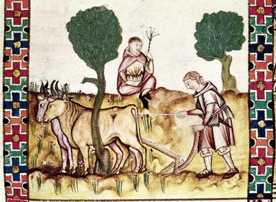 A farmer teaching his son to plough a field by Spanish School