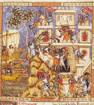The Landing of the Greeks, the Siege of Tenedos Castle and the Death of the Defenders, from the Codex Benito Santa Mora by Spanish School