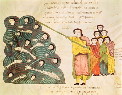 Moses closing the Red Sea on the Egyptians, from the Bible Mozarabe by Spanish School