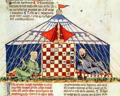 Two arabs playing chess in a tent, from the Book of Games, Chess, Dice and Boards, 1282 by Spanish School
