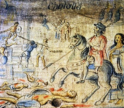 Hernan Cortes Rides Over the Dead After the Battle of Cholula with Dona Marina, His Mistress and Interpreter Walking Behind by Spanish School