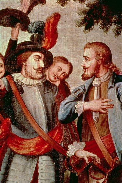 Hernando Cortes and Diego di Velasquez (detail) by Spanish School