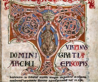 Initial T with a depiction of Charlemagne, illustration from the Codex Calixtinus by Spanish School