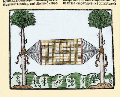 Invention of the hammock: this invention revolutionized the life of sailors aboard ships. They slept before on the wet deck. Engraving from the book 