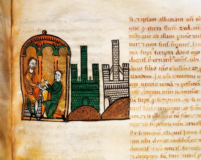 King Alfonso II of Aragon receiving a courtier, from the manuscript 