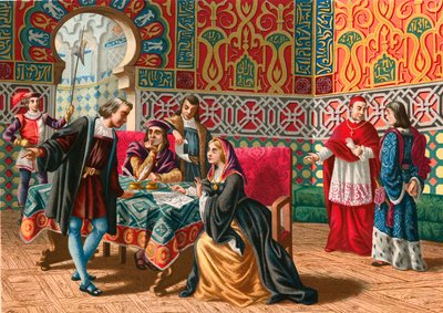 Meeting between Columbus and Ferdinand and Isabel before the voyage of discovery by Spanish School