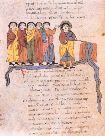 Moses makes the water flow from the rocks at Horeb, Exodus 17:1-7, from the Visigothic-Mozarabic Bible of St. Isidores, A.D. 960 by Spanish School