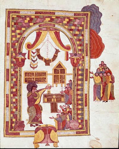 Mozarabic Art: the temple of Jerusalem, Aaron is represented as a high priest before an altar by Spanish School