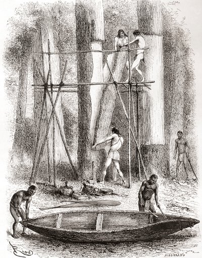 Native Indians building a canoe on the banks of the Oyapock or Oiapoque River, South America by Spanish School