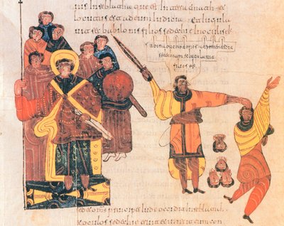 Nebuchadnezzar orders the sons of the rebel Zedekiah to be killed, fol.289v., from the Visigothic-Mozarabic Bible of St. Isidore