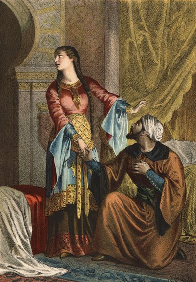 Omar, Muslim prince, making a declaration of love to Sancha Ona, Countess of Castile. in 