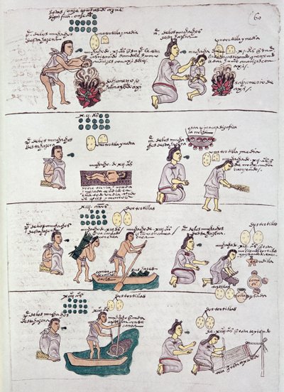 Page from the Codex Mendoza, showing discipline and chores assigned to children, Mexico, c.1541-42 by Spanish School