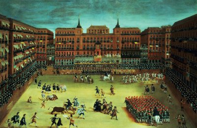 Panorama of a fiesta in the Plaza Mayor in Madrid by Spanish School