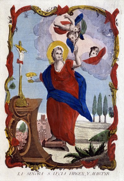 Portrait of Saint Lucia (eyes on a plate and palm of martyr) - Spanish engraving by Spanish School