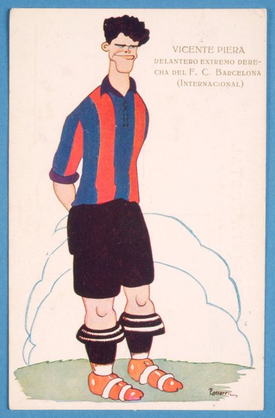 Postcard depicting a caricature of the Spanish footballer Vicente Piera of Barcelona by Spanish School