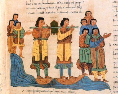 Priests carry the Ark of the Covenant across the river Jordan, Exodus 16:6, from the Visigothic-Mozarabic Bible of St. Isidores, A.D. 960 by Spanish School