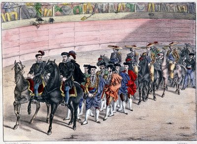 Release of the quadrille, corrida in Spain, lithography by Spanish School
