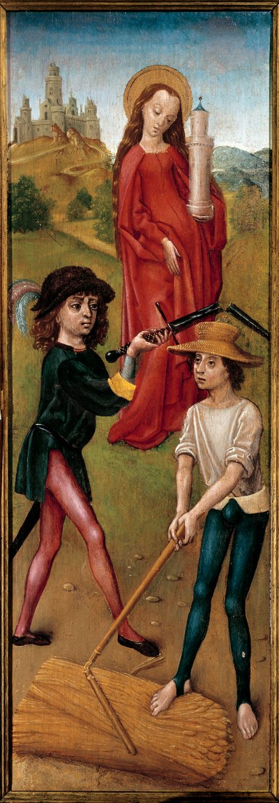 Saint Barbe and Two Peasants Mowing the Wheat by Spanish School