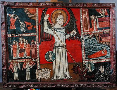 Saint Michael defeating the devil portrayed as a dragon and weighing souls in a pair of scales by Spanish School