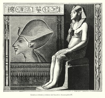 Seated statue and relief of the Ancient Egyptian Pharaoh Akhenaten (Amenhotep IV) by Spanish School