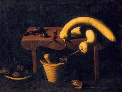 Still life with peppers and pumpkins on a bench with a mortar and pestle and dead birds by Spanish School