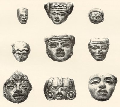 Stone Heads and Masks Found at Teotihuacan by Spanish School