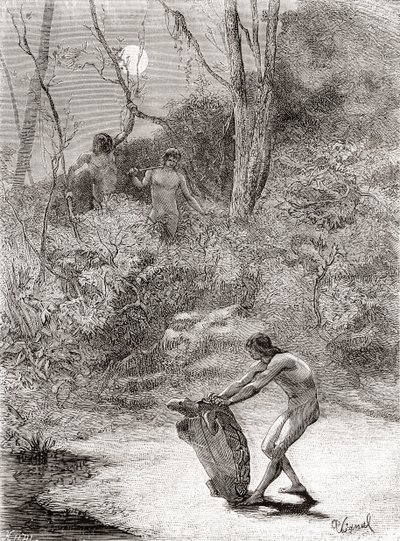 Sunos Indians hunting freshwater turtles in the Napo River, Ecuador by Spanish School