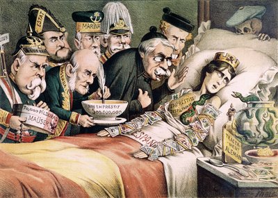 The Agony of a Martyr, caricature relating to a Spanish economic crisis by Spanish School