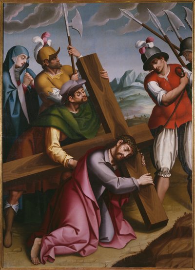 The Bearing of the Cross, Simon of Cyrene helps Jesus by Spanish School