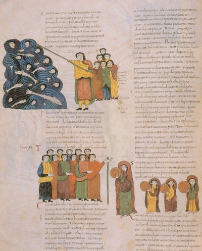 The Crossing of the Red Sea and the Dance of the Hebrew women to the sound of the tambourines of Moses and his accompanists, from the Visigothic-Mozarabic Bible of St. Isidores, A.D. 960 by Spanish School
