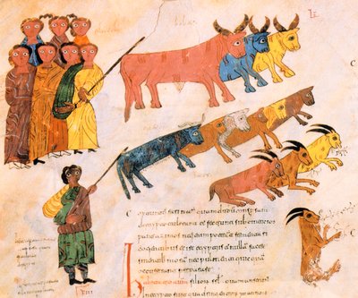 The Hebrew people leave Egypt with their livestock, from the Visigothic-Mozarabic Bible of St. Isidores, A.D. 960 by Spanish School