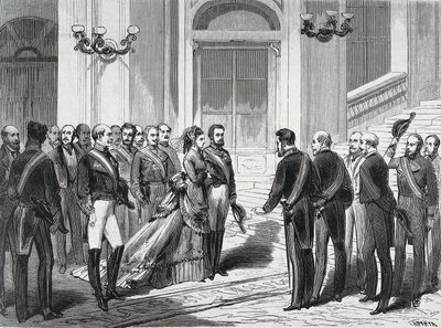The King of Spain Amedee I and his wife Queen Mary Victory on their arrival at the Royal Palace in Madrid on March 19, 1871. Engraving from 