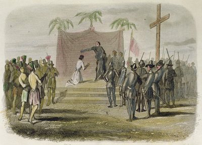 The baptism of the king of the island of Cebu and five hundred other Indians by members of the Magellan expedition on April 14 by Spanish School