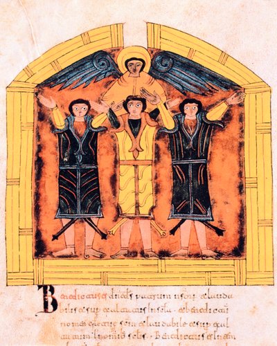 The three Hebrews, Shadrach, Meshach, and Abed-nego cast into the furnace by Nebuchadnezzar, from the Visigothic-Mozarabic Bible of St. Isidore