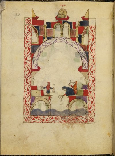 Three women immersing vessels in a pool. Illuminated manuscript of a Hispano-Moresque Haggadah, c.1300, Spain, Or. 2737, fol. 90 by Spanish School