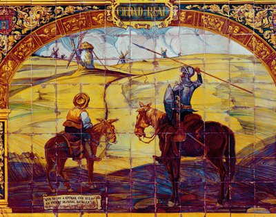 Tiles Depicting Don Quixote and Sancho Panza Preparing to Attack the Windmills by Spanish School