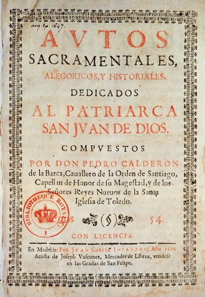 Title page from Los Autos Sacramentales by Pedro Calderon de la Barca, 1690 by Spanish School