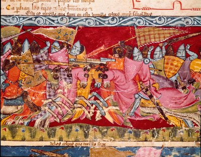 Trojan War: battle between the Greeks and the Trojans. Detail of a miniature from the Spanish manuscript 